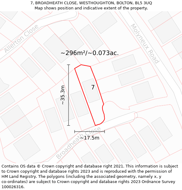 7, BROADHEATH CLOSE, WESTHOUGHTON, BOLTON, BL5 3UQ: Plot and title map