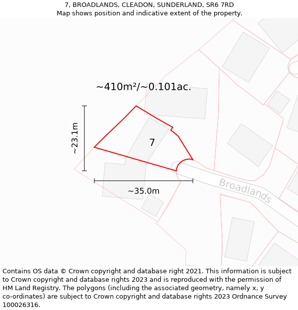 7, BROADLANDS, CLEADON, SUNDERLAND, SR6 7RD: Plot and title map