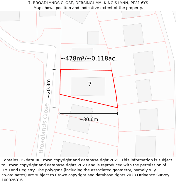 7, BROADLANDS CLOSE, DERSINGHAM, KING'S LYNN, PE31 6YS: Plot and title map