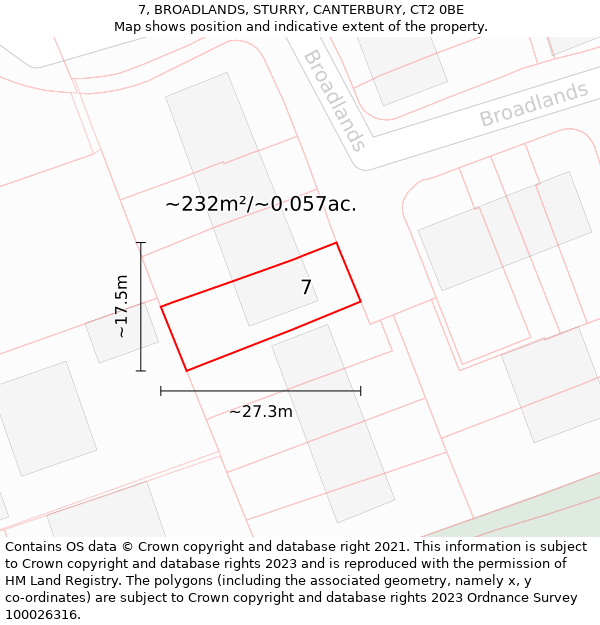 7, BROADLANDS, STURRY, CANTERBURY, CT2 0BE: Plot and title map