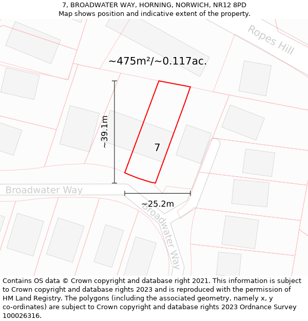 7, BROADWATER WAY, HORNING, NORWICH, NR12 8PD: Plot and title map