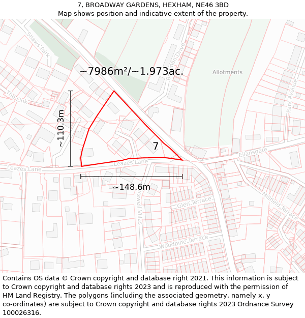 7, BROADWAY GARDENS, HEXHAM, NE46 3BD: Plot and title map