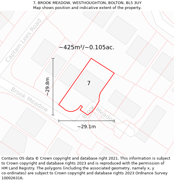 7, BROOK MEADOW, WESTHOUGHTON, BOLTON, BL5 3UY: Plot and title map