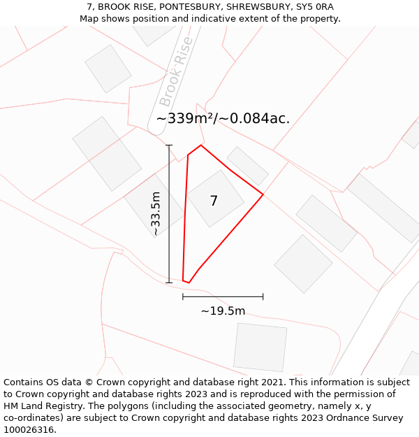 7, BROOK RISE, PONTESBURY, SHREWSBURY, SY5 0RA: Plot and title map