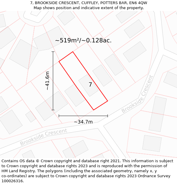 7, BROOKSIDE CRESCENT, CUFFLEY, POTTERS BAR, EN6 4QW: Plot and title map