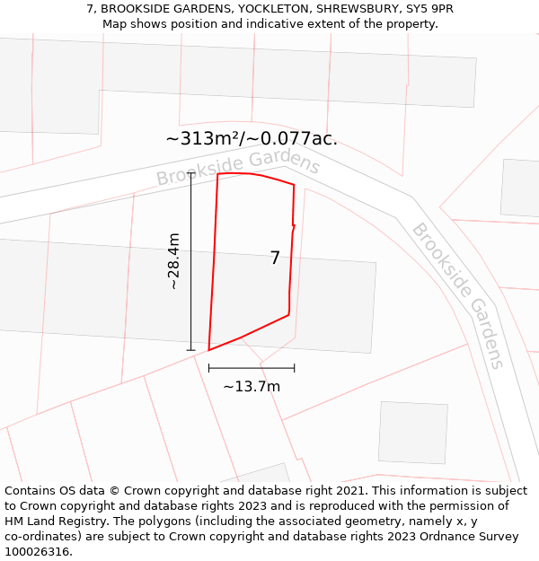 7, BROOKSIDE GARDENS, YOCKLETON, SHREWSBURY, SY5 9PR: Plot and title map