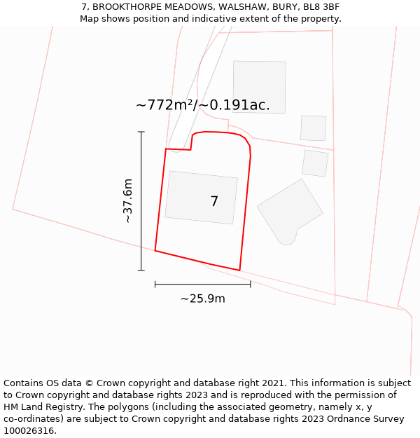 7, BROOKTHORPE MEADOWS, WALSHAW, BURY, BL8 3BF: Plot and title map