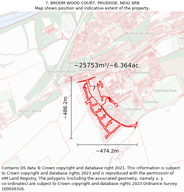 7, BROOM WOOD COURT, PRUDHOE, NE42 6RB: Plot and title map