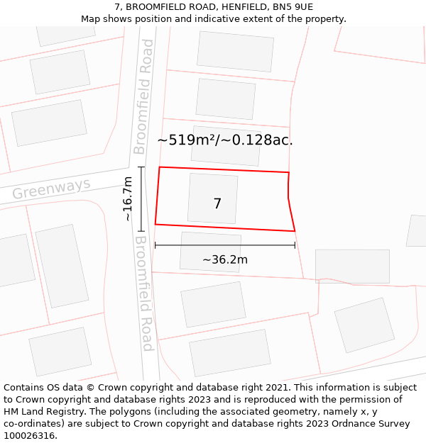 7, BROOMFIELD ROAD, HENFIELD, BN5 9UE: Plot and title map