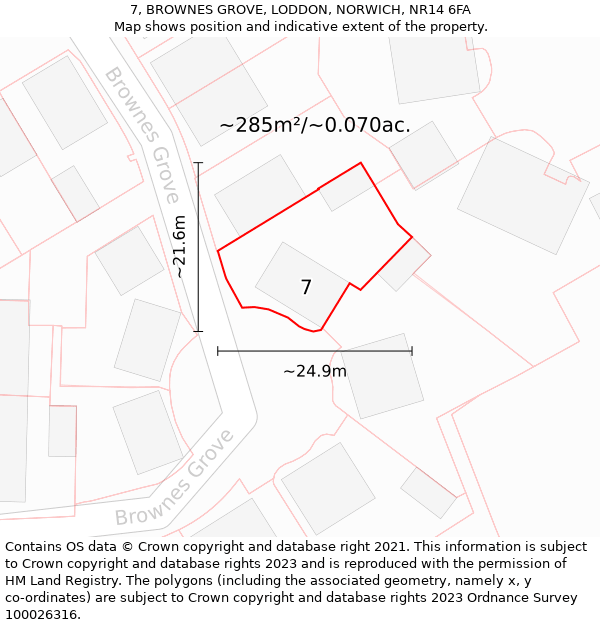 7, BROWNES GROVE, LODDON, NORWICH, NR14 6FA: Plot and title map