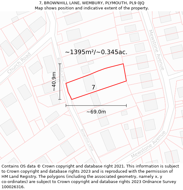 7, BROWNHILL LANE, WEMBURY, PLYMOUTH, PL9 0JQ: Plot and title map