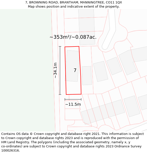 7, BROWNING ROAD, BRANTHAM, MANNINGTREE, CO11 1QX: Plot and title map