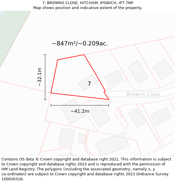 7, BROWNS CLOSE, HITCHAM, IPSWICH, IP7 7NP: Plot and title map