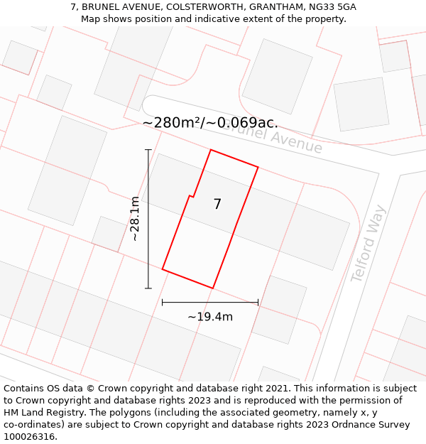 7, BRUNEL AVENUE, COLSTERWORTH, GRANTHAM, NG33 5GA: Plot and title map