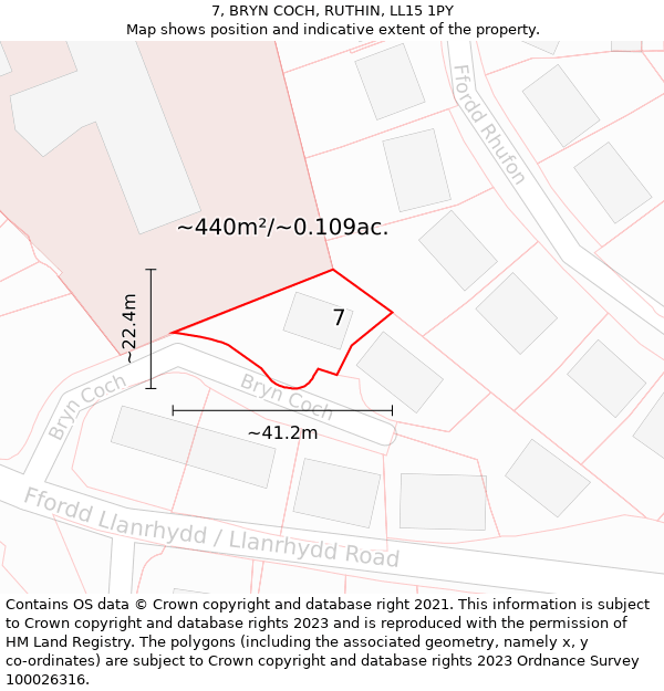 7, BRYN COCH, RUTHIN, LL15 1PY: Plot and title map