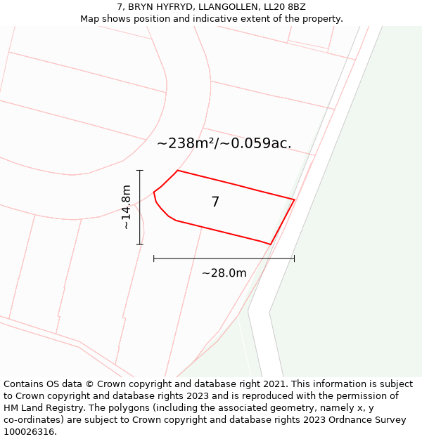 7, BRYN HYFRYD, LLANGOLLEN, LL20 8BZ: Plot and title map