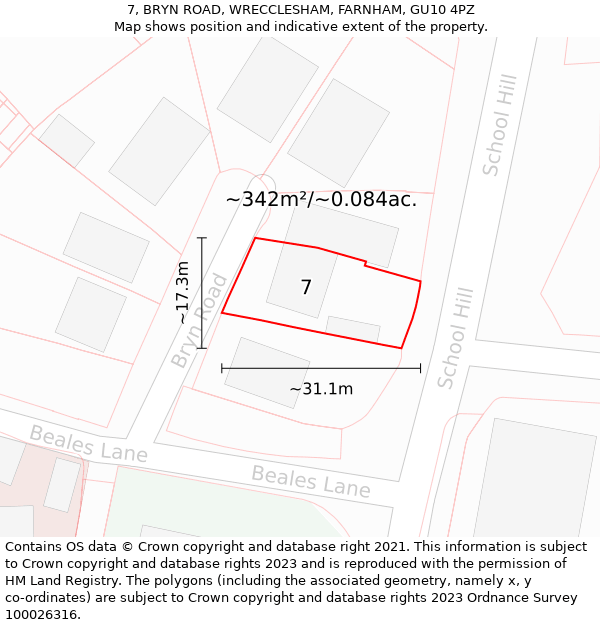 7, BRYN ROAD, WRECCLESHAM, FARNHAM, GU10 4PZ: Plot and title map