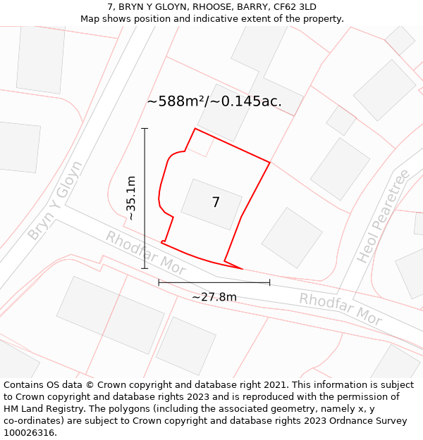 7, BRYN Y GLOYN, RHOOSE, BARRY, CF62 3LD: Plot and title map