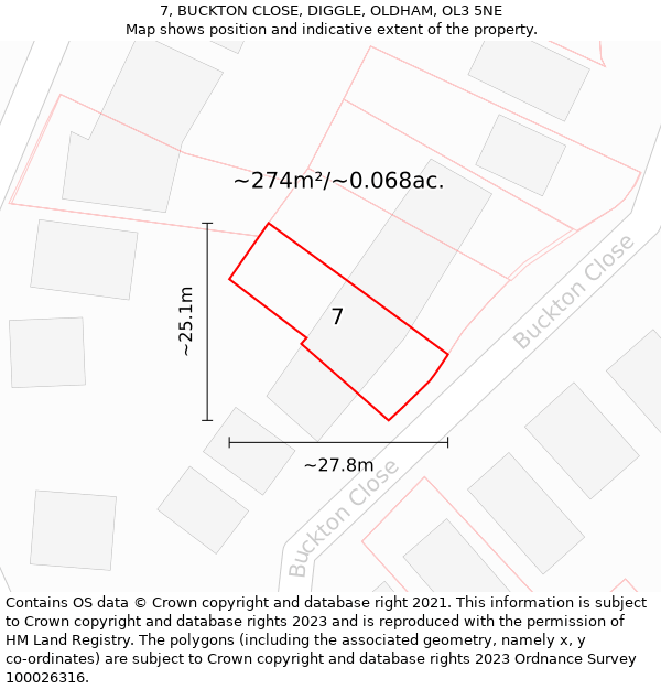 7, BUCKTON CLOSE, DIGGLE, OLDHAM, OL3 5NE: Plot and title map