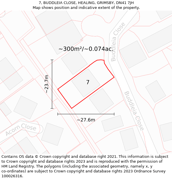 7, BUDDLEIA CLOSE, HEALING, GRIMSBY, DN41 7JH: Plot and title map