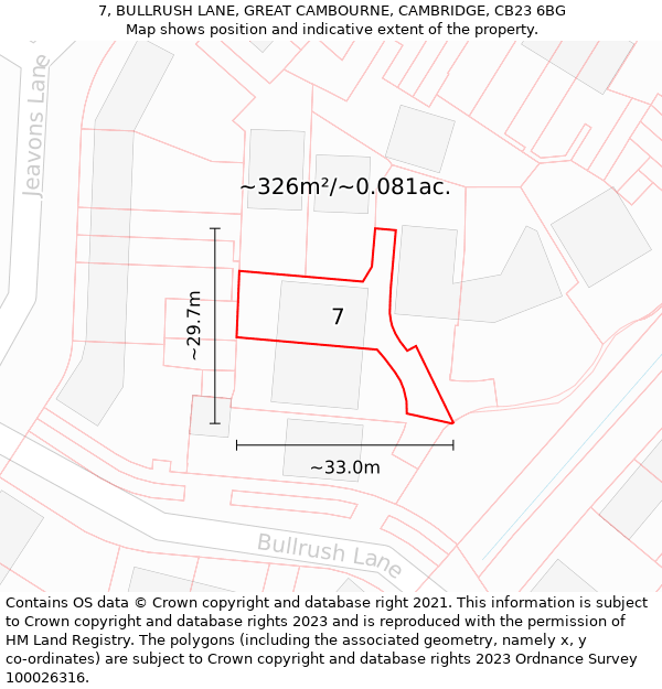 7, BULLRUSH LANE, GREAT CAMBOURNE, CAMBRIDGE, CB23 6BG: Plot and title map