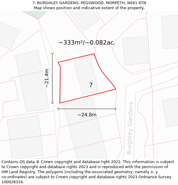 7, BURGHLEY GARDENS, PEGSWOOD, MORPETH, NE61 6TN: Plot and title map