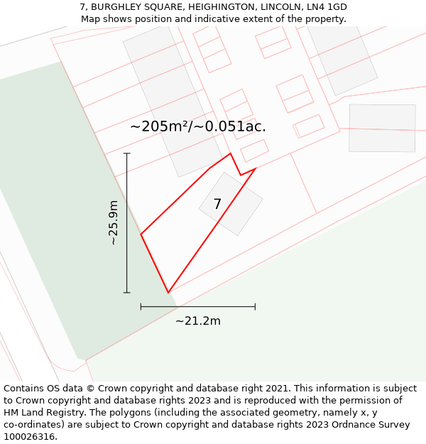 7, BURGHLEY SQUARE, HEIGHINGTON, LINCOLN, LN4 1GD: Plot and title map