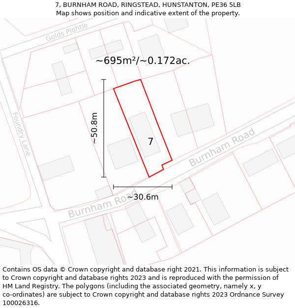 7, BURNHAM ROAD, RINGSTEAD, HUNSTANTON, PE36 5LB: Plot and title map