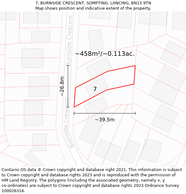 7, BURNSIDE CRESCENT, SOMPTING, LANCING, BN15 9TN: Plot and title map