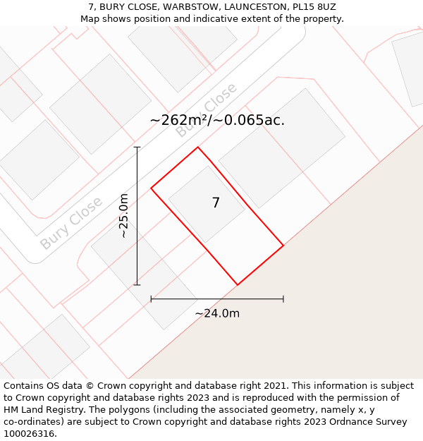 7, BURY CLOSE, WARBSTOW, LAUNCESTON, PL15 8UZ: Plot and title map