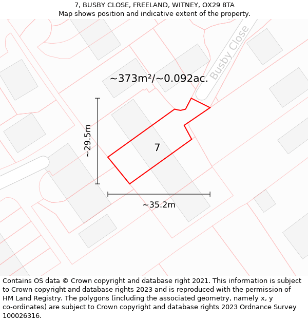 7, BUSBY CLOSE, FREELAND, WITNEY, OX29 8TA: Plot and title map