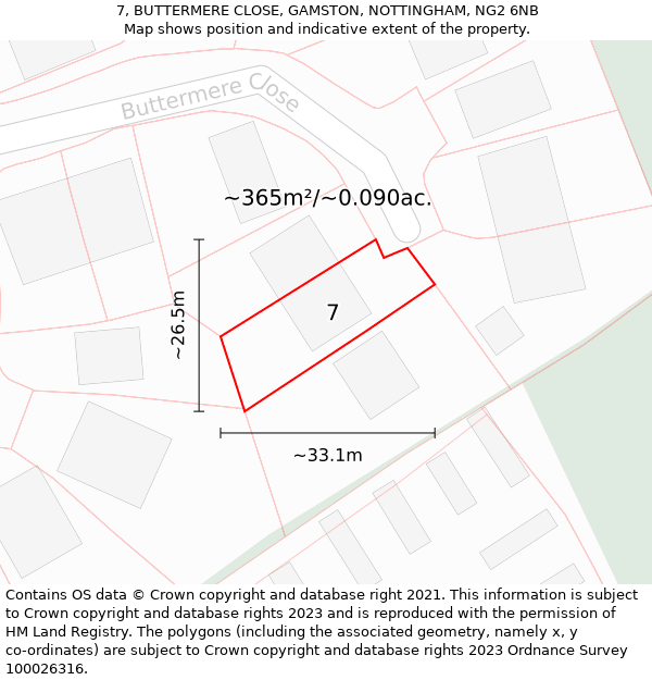 7, BUTTERMERE CLOSE, GAMSTON, NOTTINGHAM, NG2 6NB: Plot and title map