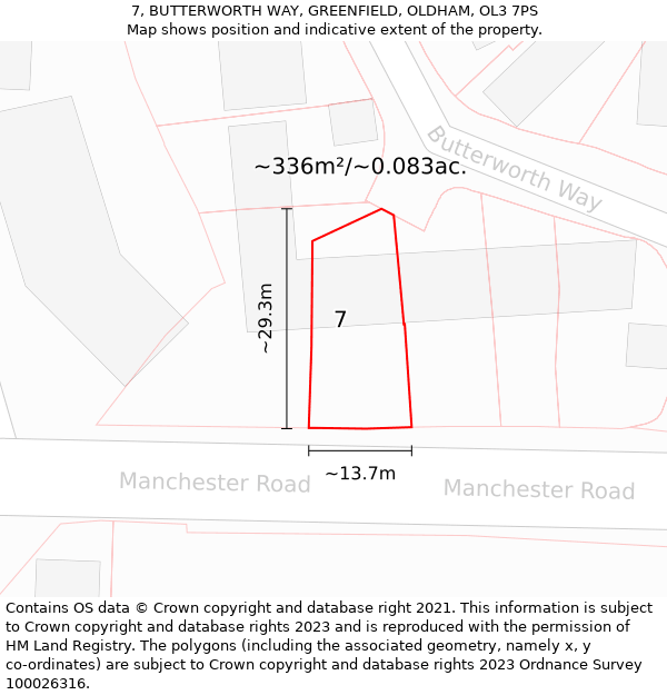 7, BUTTERWORTH WAY, GREENFIELD, OLDHAM, OL3 7PS: Plot and title map