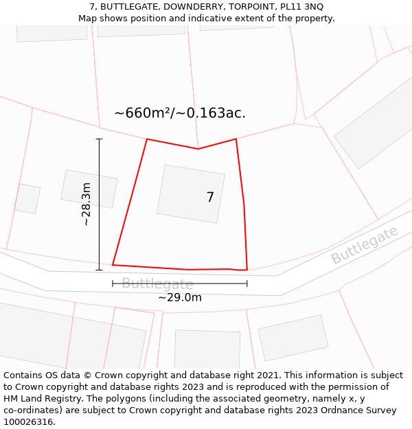 7, BUTTLEGATE, DOWNDERRY, TORPOINT, PL11 3NQ: Plot and title map