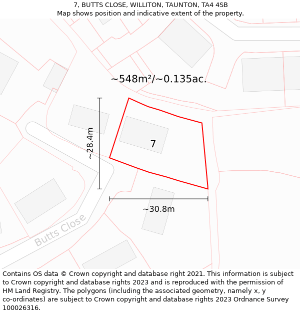 7, BUTTS CLOSE, WILLITON, TAUNTON, TA4 4SB: Plot and title map