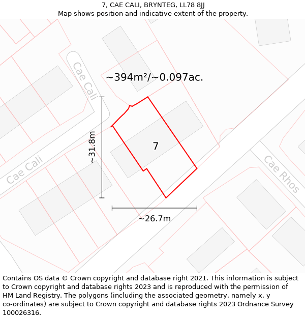 7, CAE CALI, BRYNTEG, LL78 8JJ: Plot and title map