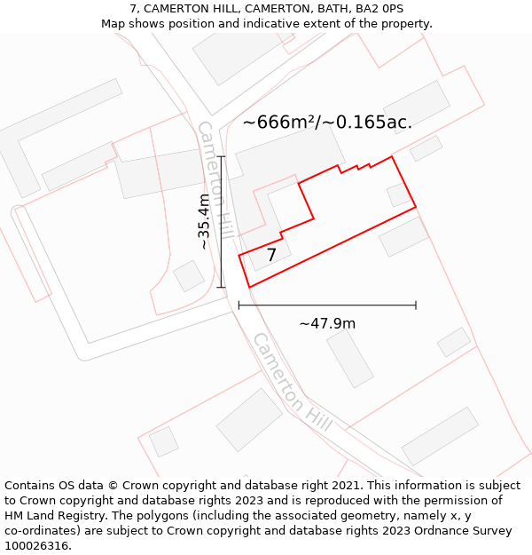 7, CAMERTON HILL, CAMERTON, BATH, BA2 0PS: Plot and title map