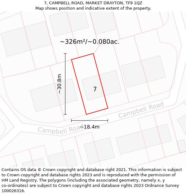 7, CAMPBELL ROAD, MARKET DRAYTON, TF9 1QZ: Plot and title map