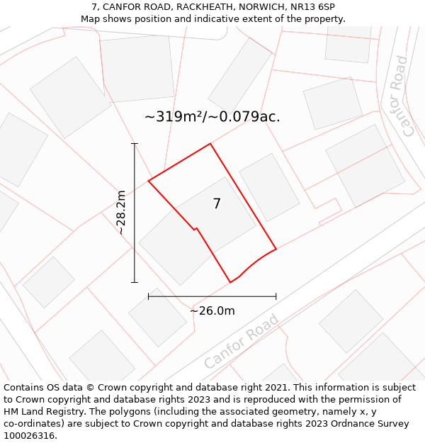 7, CANFOR ROAD, RACKHEATH, NORWICH, NR13 6SP: Plot and title map