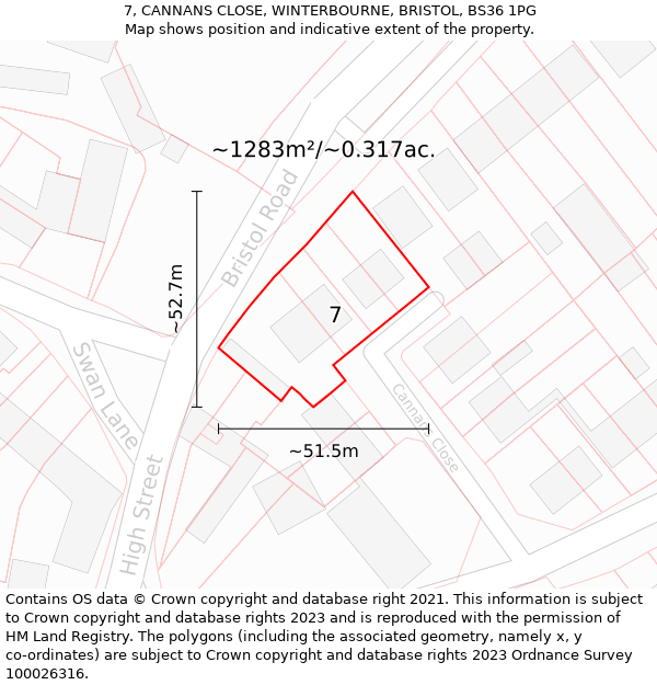 7, CANNANS CLOSE, WINTERBOURNE, BRISTOL, BS36 1PG: Plot and title map