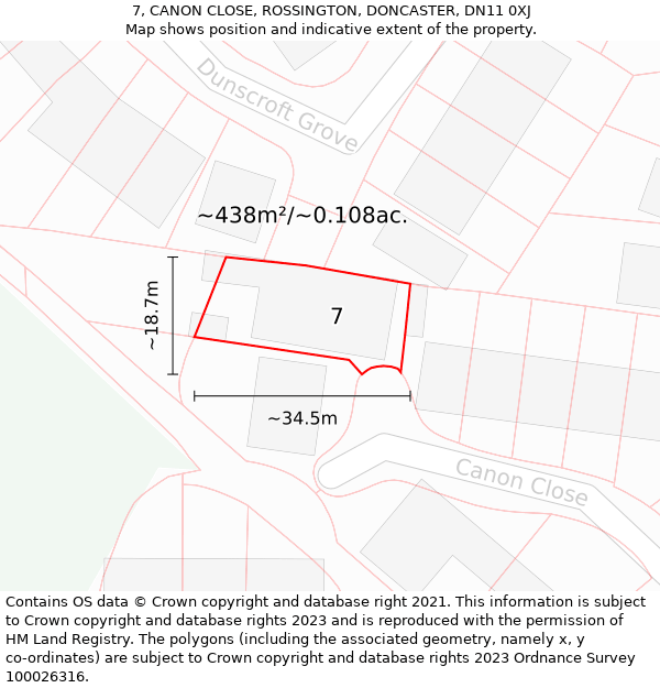 7, CANON CLOSE, ROSSINGTON, DONCASTER, DN11 0XJ: Plot and title map