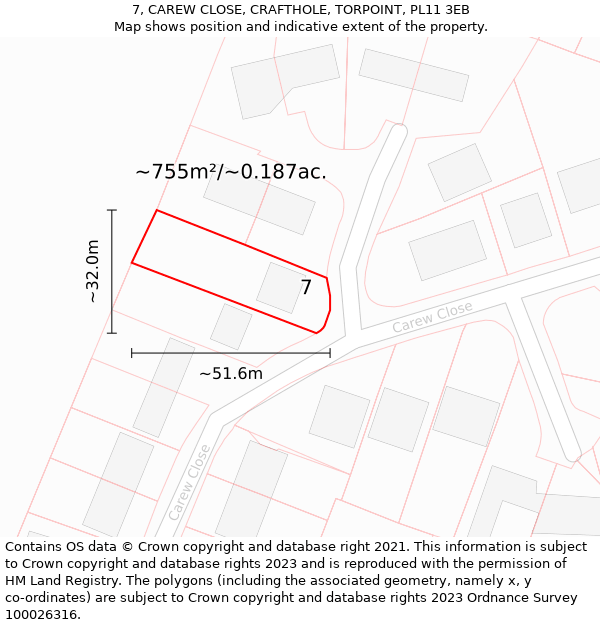 7, CAREW CLOSE, CRAFTHOLE, TORPOINT, PL11 3EB: Plot and title map