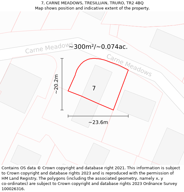 7, CARNE MEADOWS, TRESILLIAN, TRURO, TR2 4BQ: Plot and title map