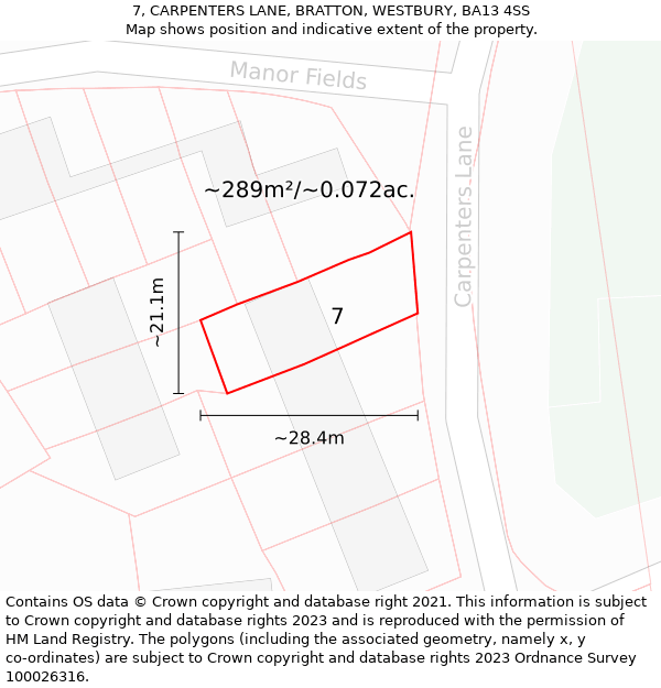 7, CARPENTERS LANE, BRATTON, WESTBURY, BA13 4SS: Plot and title map