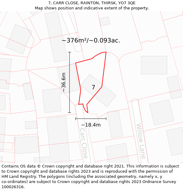 7, CARR CLOSE, RAINTON, THIRSK, YO7 3QE: Plot and title map