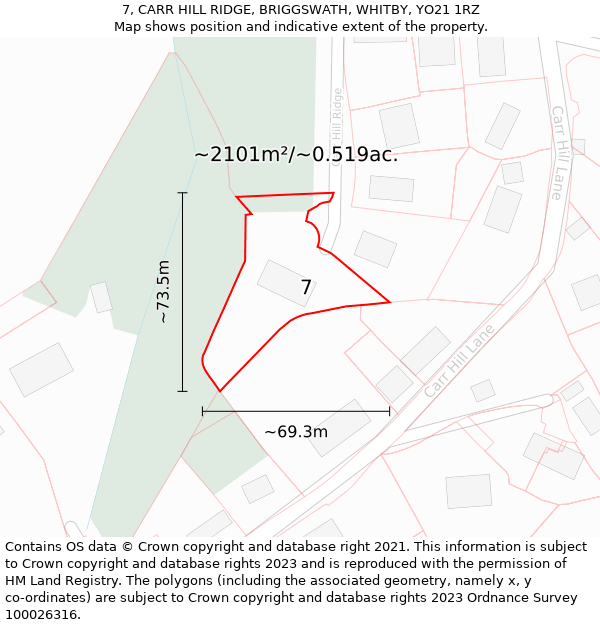 7, CARR HILL RIDGE, BRIGGSWATH, WHITBY, YO21 1RZ: Plot and title map