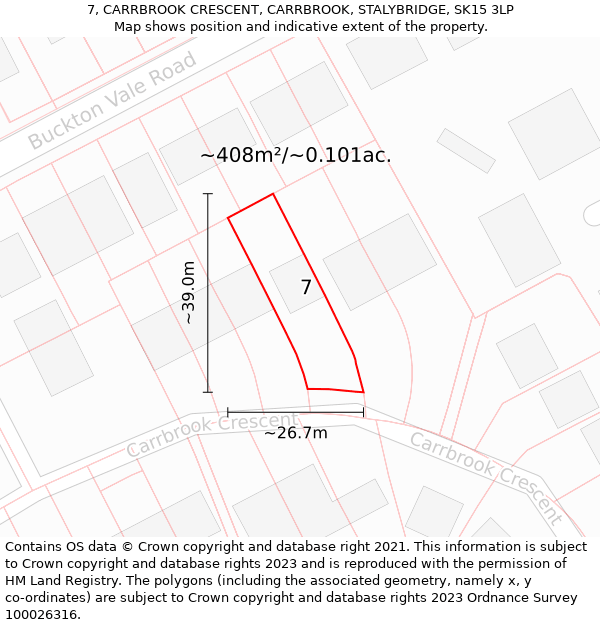 7, CARRBROOK CRESCENT, CARRBROOK, STALYBRIDGE, SK15 3LP: Plot and title map