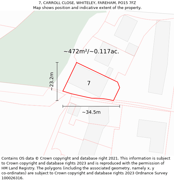 7, CARROLL CLOSE, WHITELEY, FAREHAM, PO15 7FZ: Plot and title map