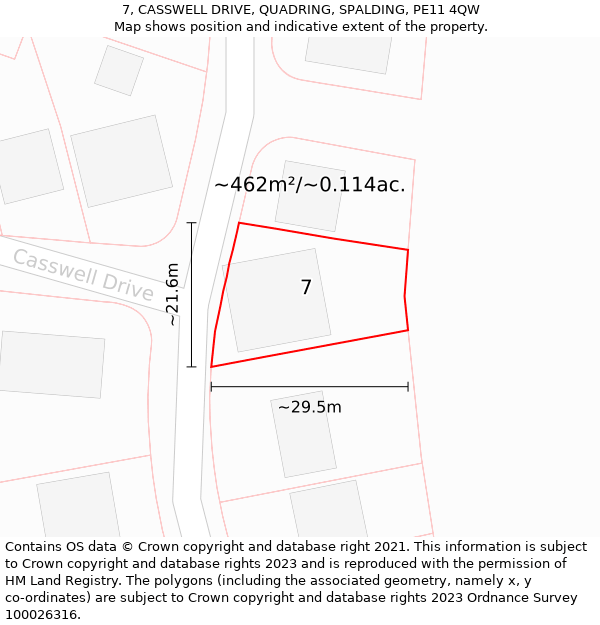 7, CASSWELL DRIVE, QUADRING, SPALDING, PE11 4QW: Plot and title map