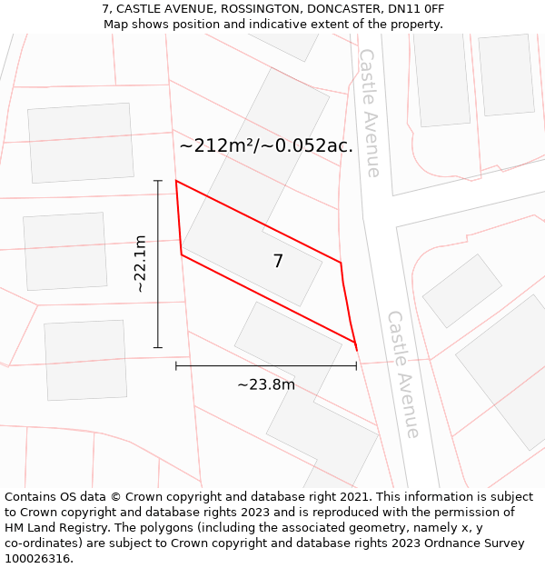 7, CASTLE AVENUE, ROSSINGTON, DONCASTER, DN11 0FF: Plot and title map